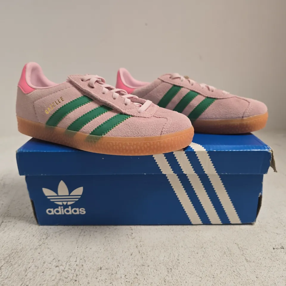 BOXED PAIR OF ADIDAS KID'S GAZELLE CF TRAINERS IN PINK/GREEN SIZE UK 1