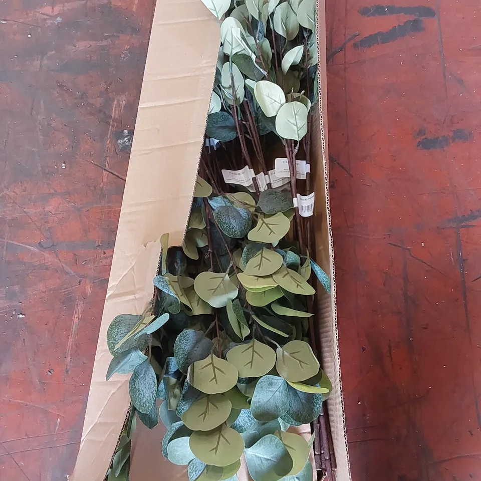 PALLET CONTAINING APPROXIMATELY 75 BOXES OF INDIVIDUAL STEM EUCALYPTUS FAUX FLOWERS // APPROX 24 X STEMS PER BOX