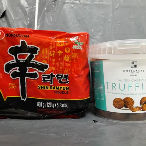 4 ASSORTED FOOD/DRINK PRODUCTS TO INCLUDE SALTED CARAMEL TRUFFLES, NOODLES, ETC