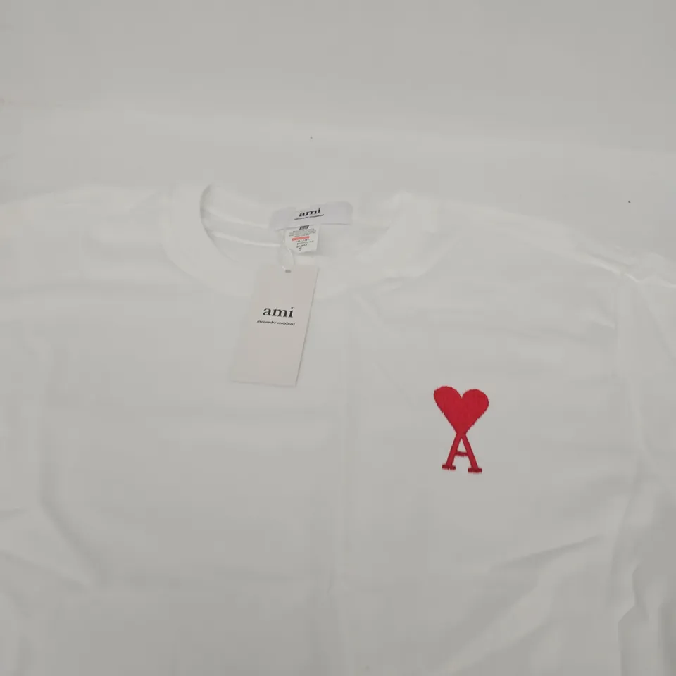 AMI WHITE COTTON T-SHIRT WITH AMI DE COEUR - SIZE S
