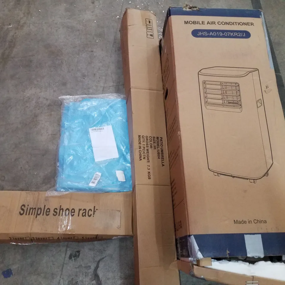 PALLET OF ASSORTED PRODUCTS INCLUDING MOBILE AIR CONDITIONER, PATIO UMBRELLA, GEL COOLING MAT, SHOE RACK