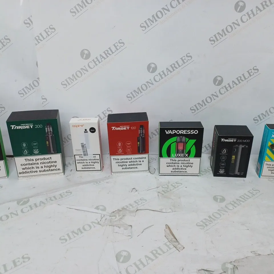 APPROXIMATELY 10 BOXED E-CIGARETTES TO INCLUDE VAPORESSO GEN PT60, VAPORESSO LUXE XR MAX, AND ASPIRE POCKEX KIT ETC. 