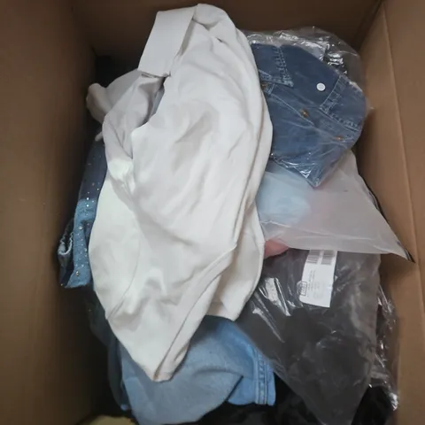 LARGE BOX OF APPROXIMATELY 25 ASSORTED CLOTHING ITEMS IN VARIOUS COLOURS, STYLES AND SIZES - COLLECTION ONLY