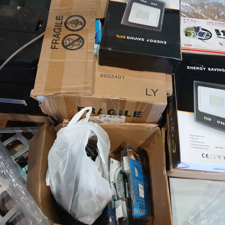 PALLET OF ASSORTED PRODUCTS TO INCLUDE; LIGHT BULBS, ENERGY SAVING LIGHTS, LED STRIPS, PARASOL STAND AND MOBILE PHONE SCREENS