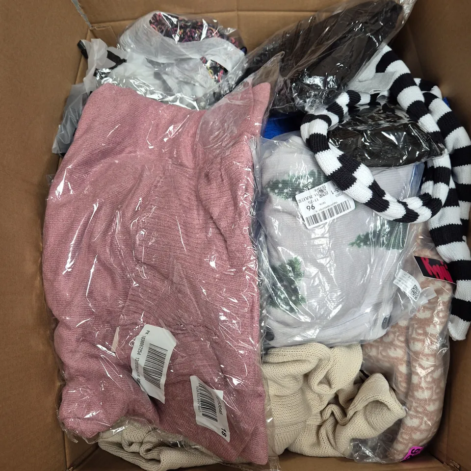 LARGE BOX OF ASSORTED CLOTHING ITEMS IN VARIOUS SIZES, STYLES AND COLOUR 