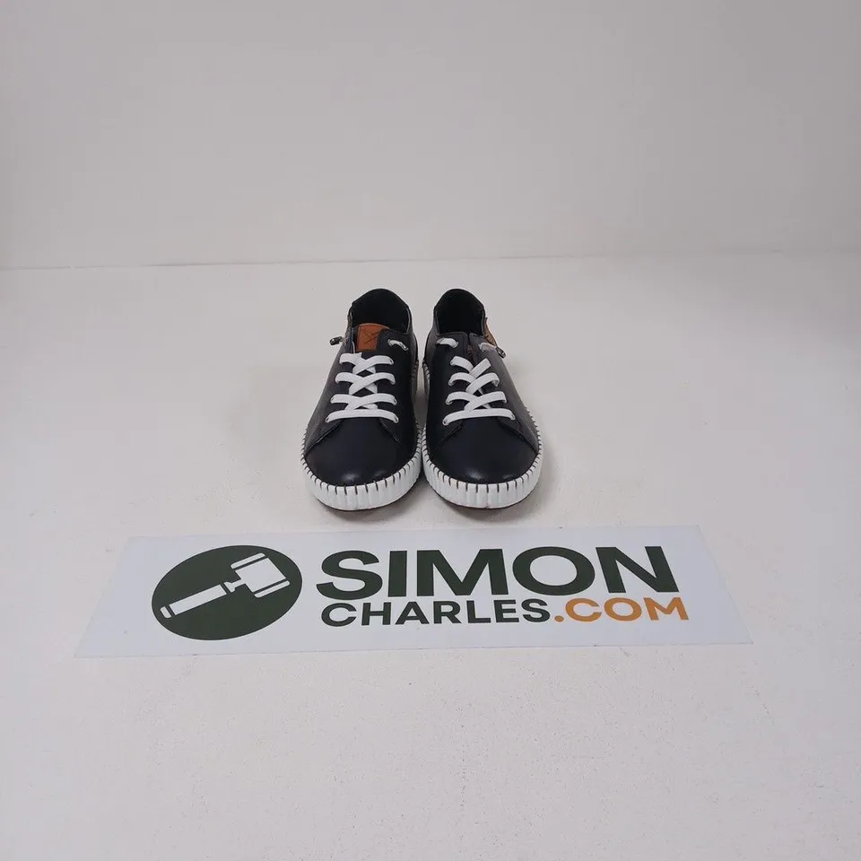 LUNAR LEATHER MIDNIGHT BLUE TRAINERS – WHITE SOLE, BROWN HEEL PATCH - UK 4.5
