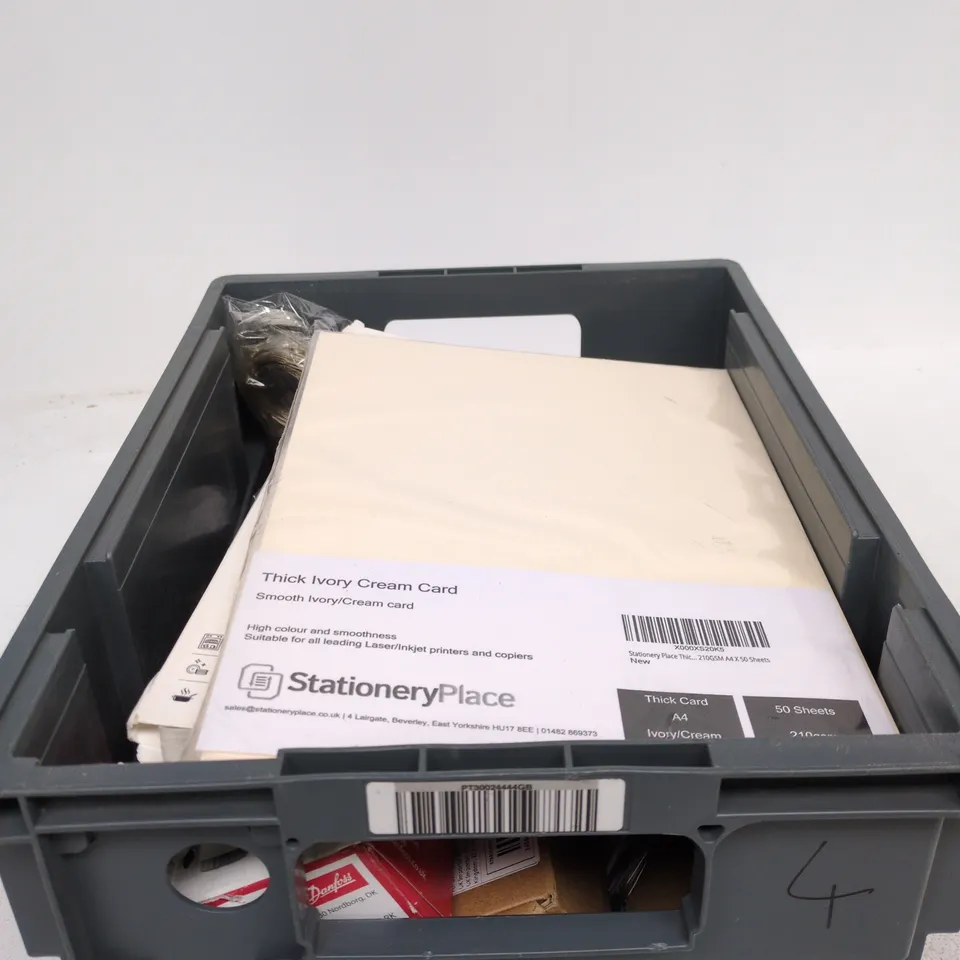 TOTE OF APPROXIMATELY 15 ASSORTED ITEMS TO INCLUDE RADIATOR PACK, FAITHFUL 110V SOCKET, THICK IVORY CREAM CARD, SUPPORTX BELT ETC