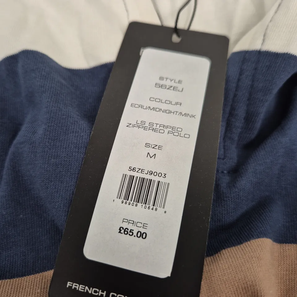 FRENCH CONNECTION STRIPED ZIP POLO SHIRT – ECRU/MIDNIGHT/MINK – SIZE M