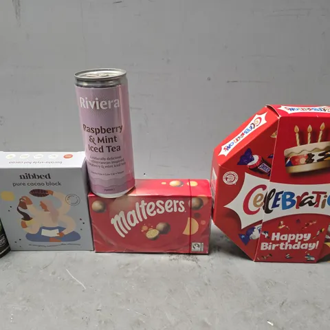 APPROXIMATELY 10 ASSORTED FOOD & DRINK ITEMS TO INCLUDE - CELEBRATIONS , MALTESERS ,NIBBED PIRE CACAO BLACK ETC