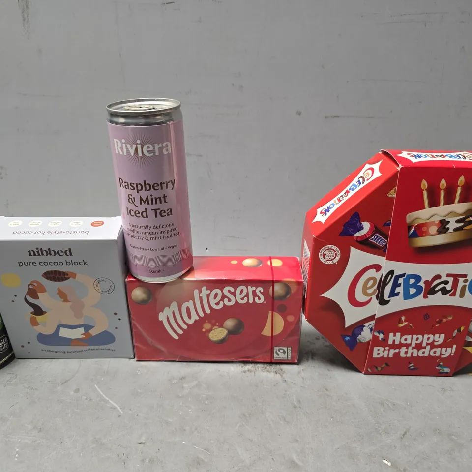 APPROXIMATELY 10 ASSORTED FOOD & DRINK ITEMS TO INCLUDE - CELEBRATIONS , MALTESERS ,NIBBED PIRE CACAO BLACK ETC