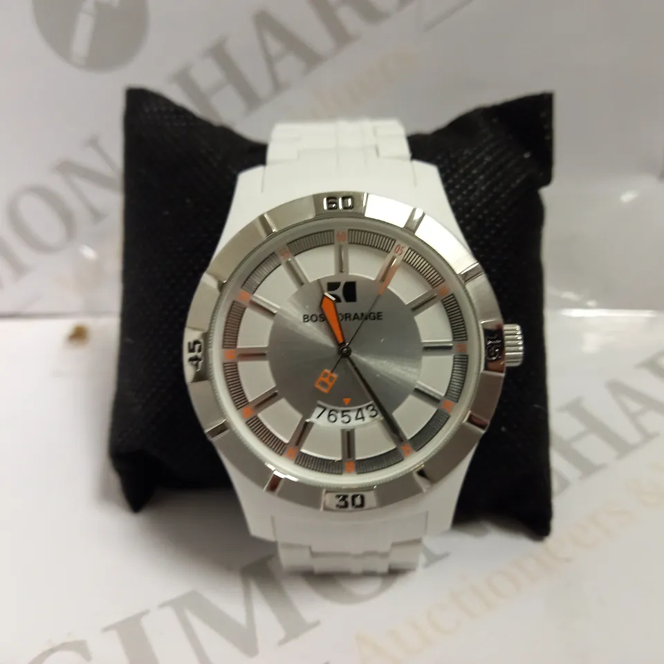BOSS ORANGE SILVER WATCH WITH RUBBER BRACELET STRAP - WHITE