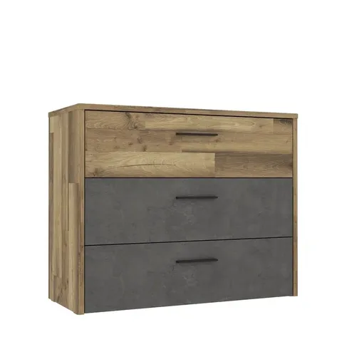 BOXED HUGULEY 99.8 CM WIDE 3 DRAWER SIDEBOARD - OAK/DARK GREY (2 BOXES)