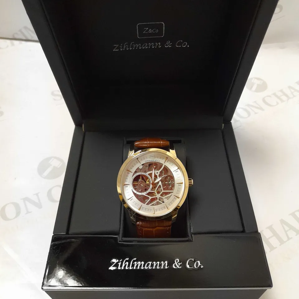ZIHLMANN & CO GOLD EFFECT SKELETON BROWN LEATHER STRAP WRISTWATCH