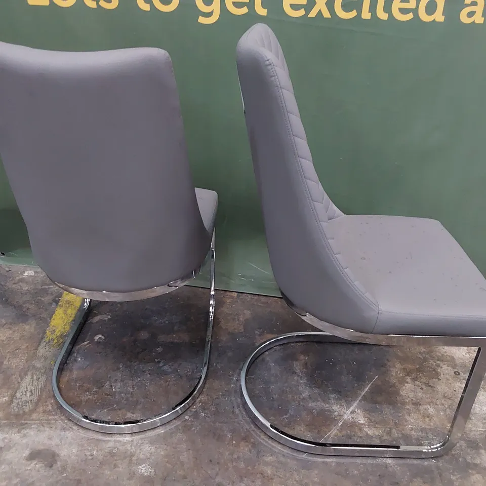 PAIR UPHOLSTERED DINING CHAIRS GREY PU ON CHROME FRAMES 