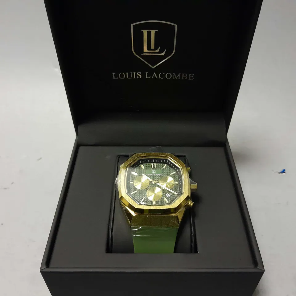 MENS LOUIS LACOMBE CHRONGRAPH WATCH – 3 SUB DIALS – GOLD COLOUR CASE – GREEN RUBBER STRAP