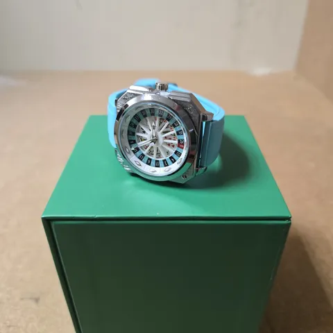 SCHWARTZBAUER ROULETTE WHEEL WRISTWATCH WITH TURQUOISE SILICONE STRAP