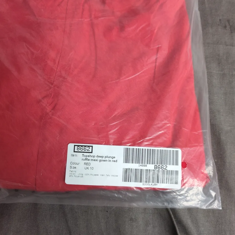TOPSHOP DEEP PLUNGE RUFFLE MAXI GOWN – RED, UK 10