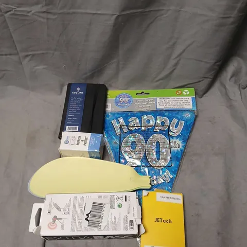 BOX OF APPROX 20 ASSORTED ITEMS TO INCLUDE BIRTHDAY BANNERS, EARPHONES AND NOTE BOOK