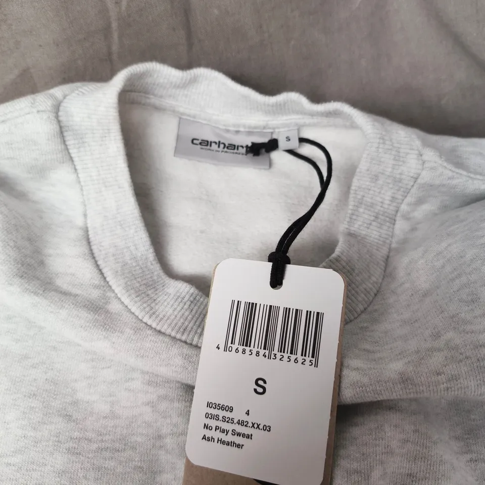 CARHARTT SWEATSHIRT – ASH HEATHER, SIZE S, ALL WORK AND NO PLAY PRINT