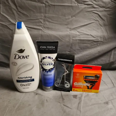 APPROXIMATELY 20 HEALTH AND BEAUTY PRODUCTS TO INCLUDE DOVE BODY WASH, GILLETTE FUSION 5 BLADES AND JOHN FRIEDA SHIMMERING SILVER SHAMPOO