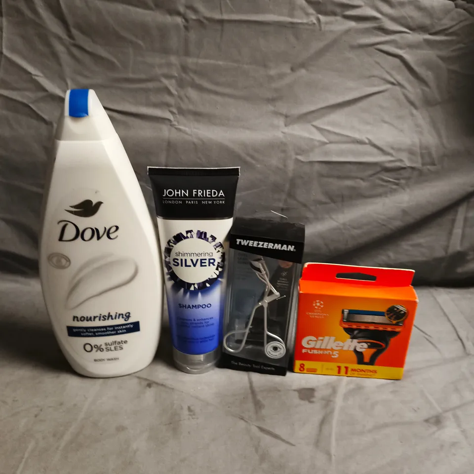 APPROXIMATELY 20 HEALTH AND BEAUTY PRODUCTS TO INCLUDE DOVE BODY WASH, GILLETTE FUSION 5 BLADES AND JOHN FRIEDA SHIMMERING SILVER SHAMPOO