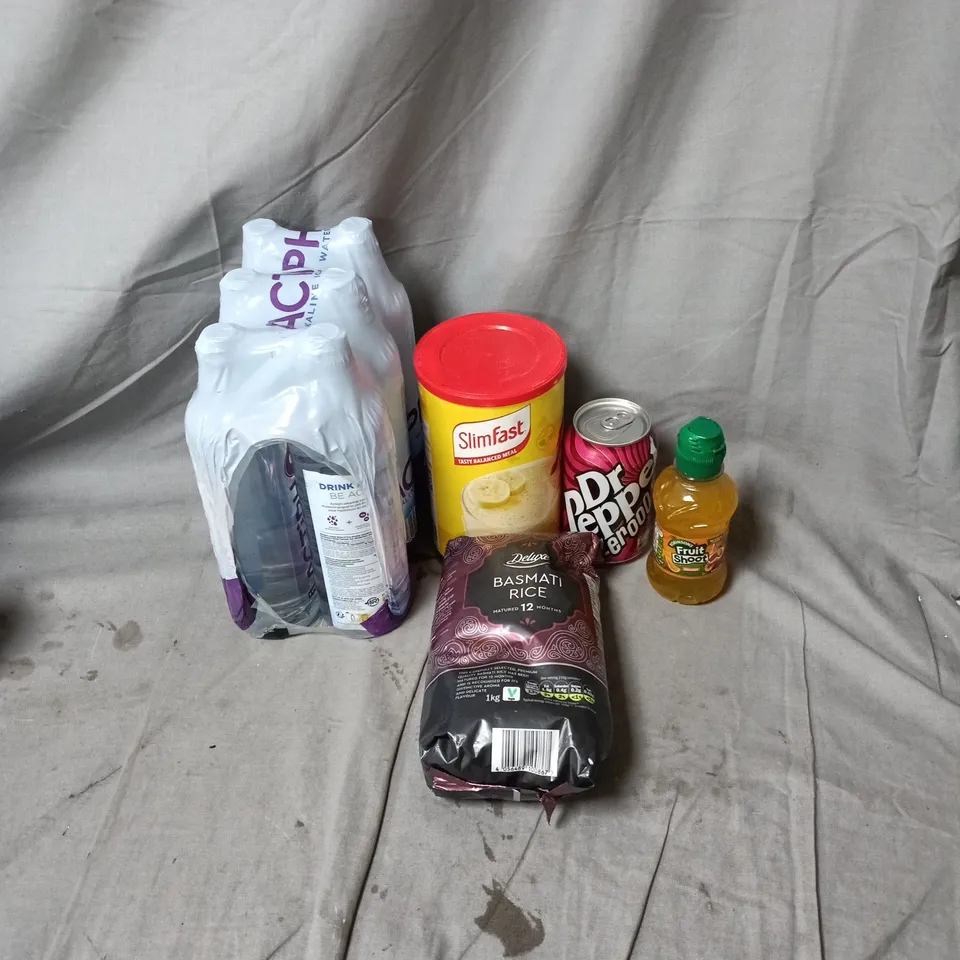APPROXIMATELY 10 ASSORTED ITEMS OF FOOD AND DRINK INCLUDING SLIMFAST BANANA 16 MEALS, DR PEPPER ZERO CANS, DELUXE BASMATI RICE 1KG