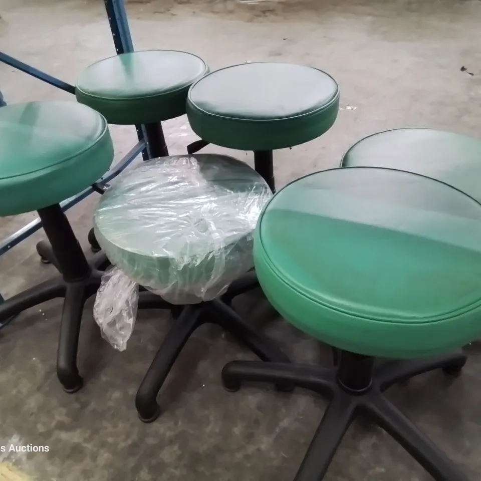 SIX HEIGHT ADJUSTABLE EXAMINATION STOOLS GREEN PU SEAT PADS