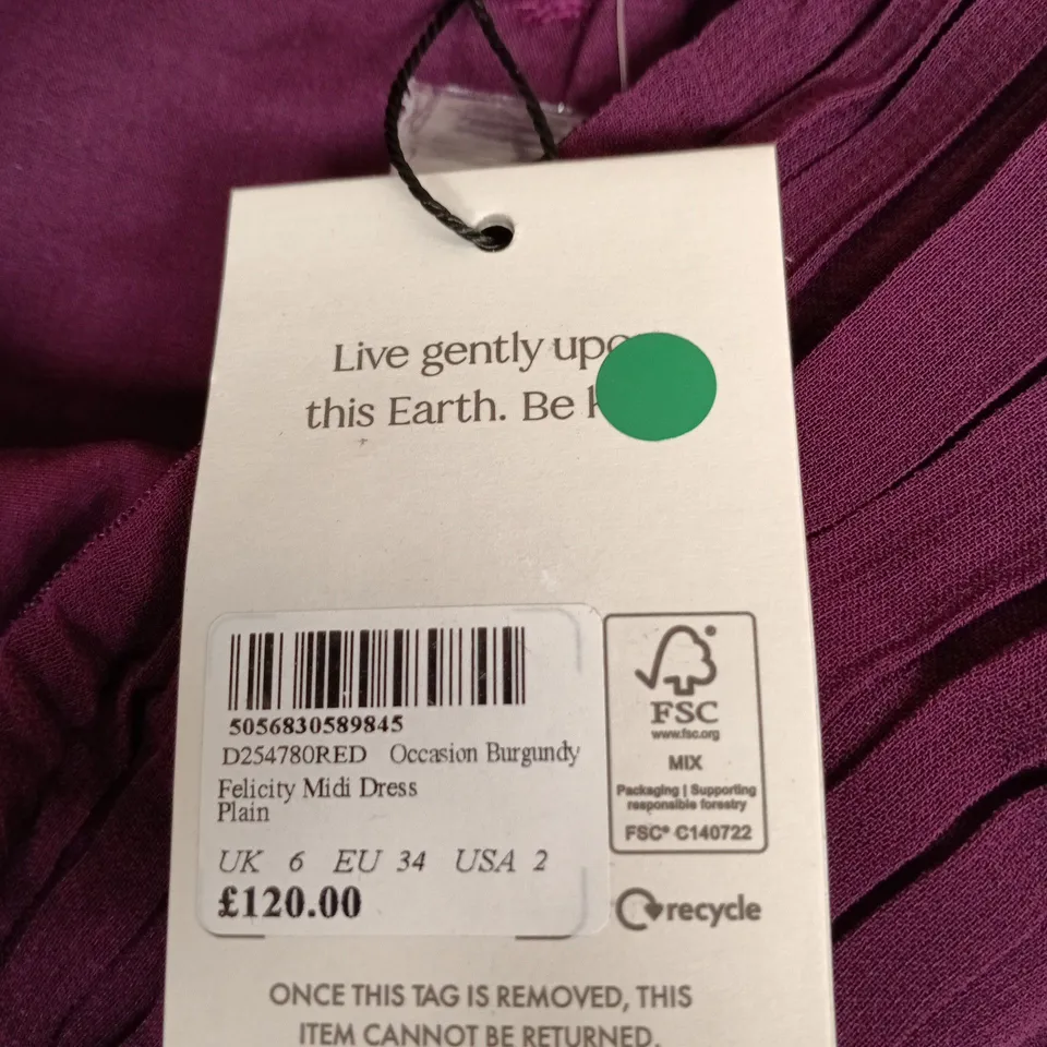 NOBODY'S CHILD FELICITY MIDI DRESS BURGUNDY UK 6 (EU 34)