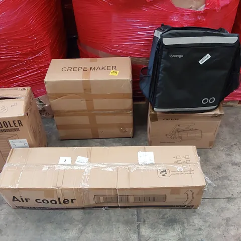 PALLET OF ASSORTED CONSUMER PRODUCTS TO INCLUDE: CREPE MAKER, AIR COOLERS, TUMBLER HEAT PRESS, BOOLANGA FOOD DELIVERY BAG ECT