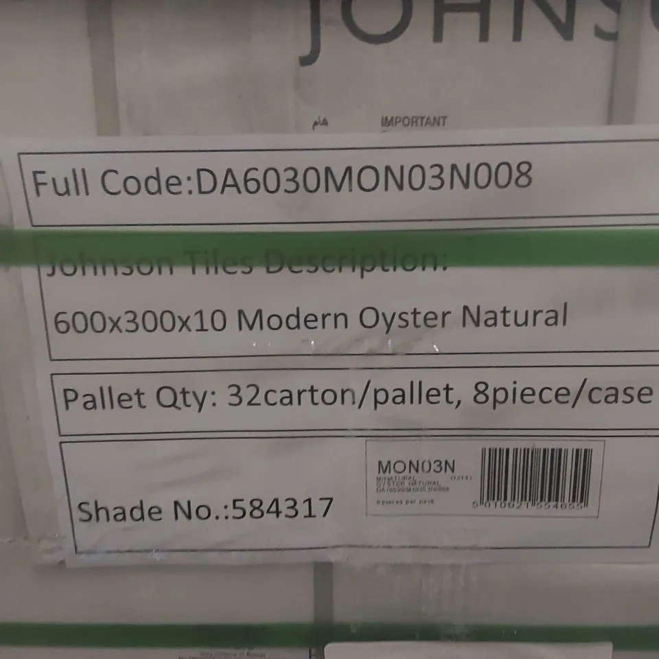 PALLET TO CONTAIN APPROX 32 X PACKS OF JOHNSON TILES MODERN OYSTER NATURAL PORCELAIN FLOOR & WALL TILES - 8 TILES PER PACK // TILE SIZE: 600 x 300 x 10mm