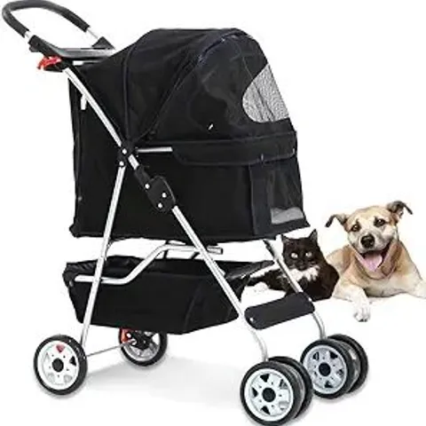BOXED DOG STROLLERS FOR SMALL PUPPY PET STROLLER DOGS CAT, 4 WHEEL FOLDING TRAVEL JOGGER STROLLING CART WITH STORAGE BASKET, CUP HOLDER, REMOVABLE LINER, 17.5 (L) X 33 (W) X 38.6 (H) INCHES, BLACK