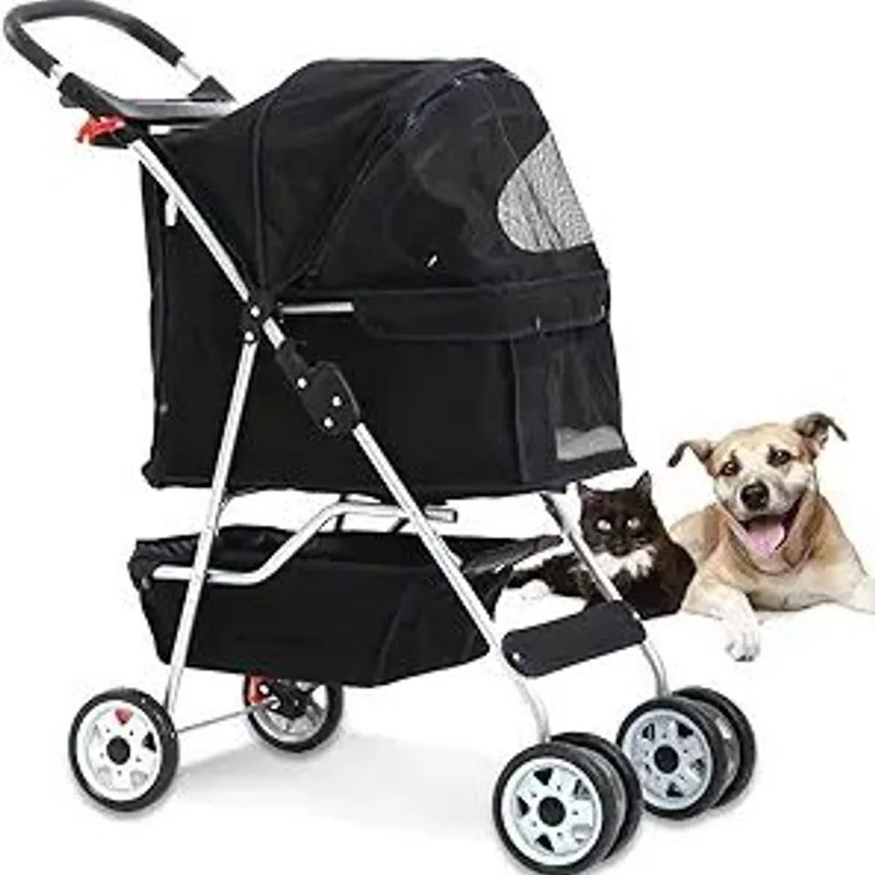 BOXED DOG STROLLERS FOR SMALL PUPPY PET STROLLER DOGS CAT, 4 WHEEL FOLDING TRAVEL JOGGER STROLLING CART WITH STORAGE BASKET, CUP HOLDER, REMOVABLE LINER, 17.5 (L) X 33 (W) X 38.6 (H) INCHES, BLACK