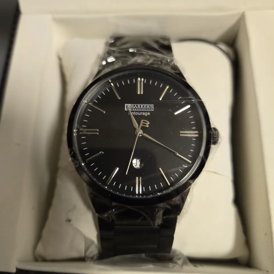 BOXED BARKERS OF KENSINGTON ENTOURAGE STEEL WATCH IN BLACK