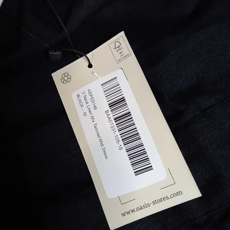 OASIS BLACK V NECK LINEN MIX TAILORED MIDI DRESS - SIZE 10