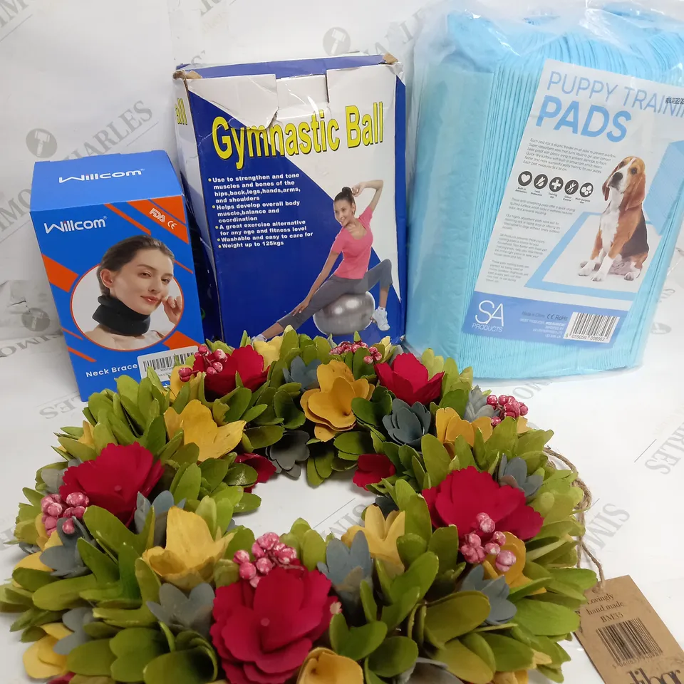 BOX OF APPROXIMATELY 10 ASSORTED ITEMS TO INCLIDE GYMNASTIC BALL, PUPPY TRAINING PADS, NECK BRACE ETC