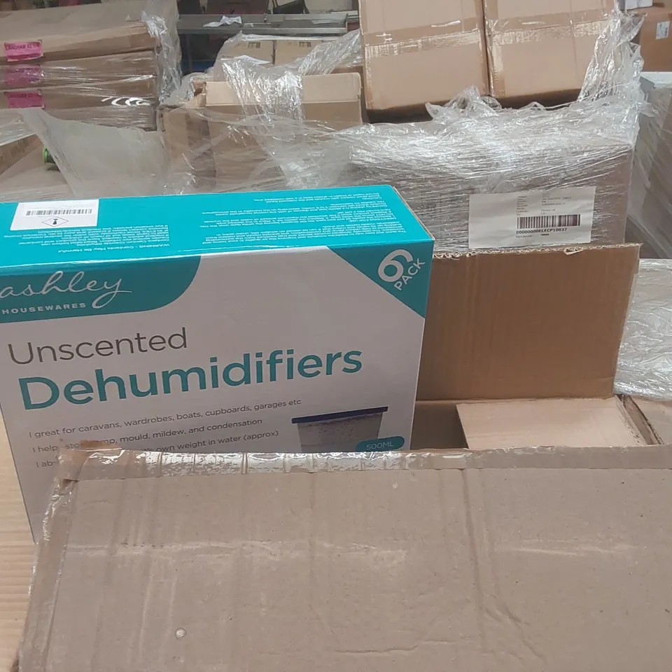 PALLET CONTAINING A VERY LARGE QUANTITY OF ASHLEY HOUSEWARES UNSCENTED DEHUMIDIFIERS, BEACH PARASOLS ECT