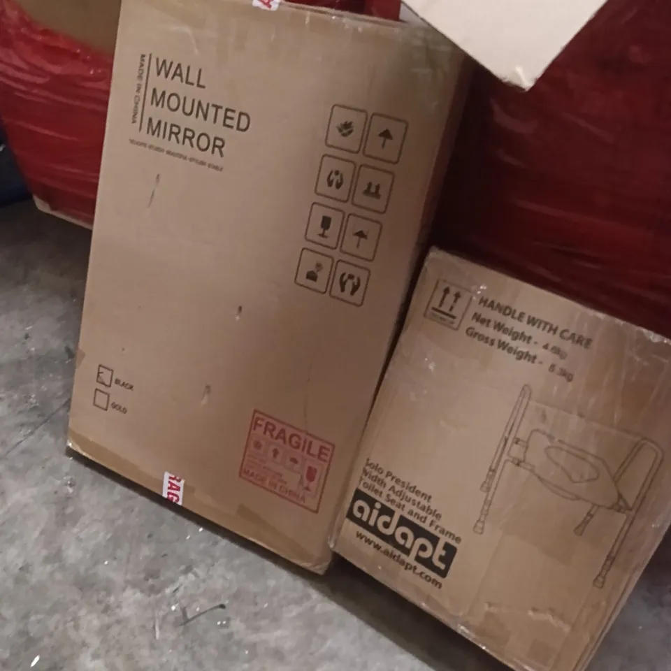 PALLET OF ASSORTED ITEMS INCLUDING - WALL MOUNTED MIRROR, TOILET SEAT AND FRAME