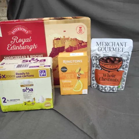 APPROXIMATELY 10 ASSORTED FOOD AND DRINK ITEMS TO INCLUDE SMA FOLLOW ON MILK, RINGTONS TEABAGS AND ROYAL EDINBURGH BISCUIT SELECTION ETC