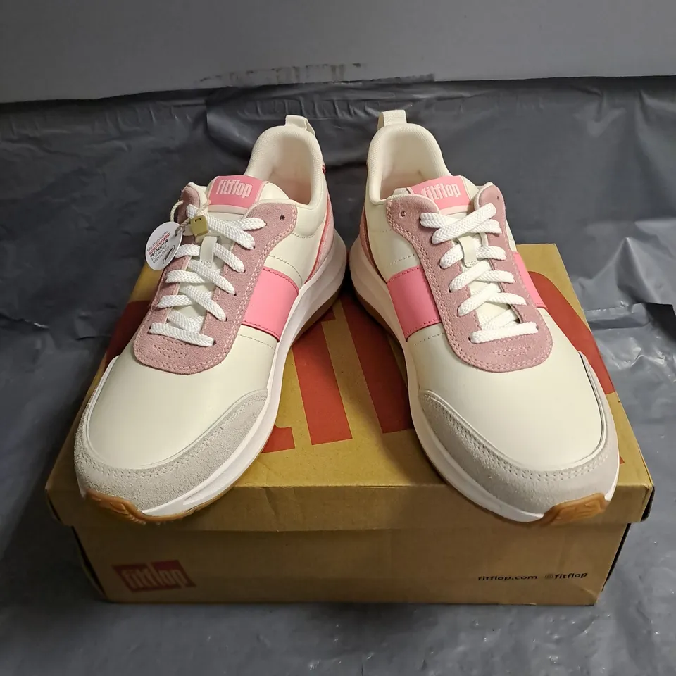 BOXED PAIR OF FITFLOP F-MODE FLOW LEATHER/SUEDE FLATFORM SNEAKERS IN CREAM/PINK PERFECT SIZE UK 8