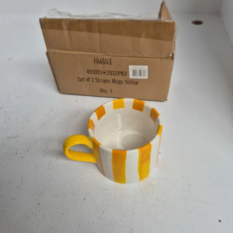 2X JOHN LEWIS & PARTNERS STONEWARE STRIPES MUG YELLOW – DISHWASHER & MICROWAVE SAFE
