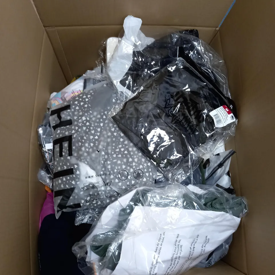 LARGE BOX OF ASSORTED CLOTHING ITEMS IN VARIOUS COLOURS AND SIZES INCLUDING TROUSERS , TOPS AND JUMPERS 