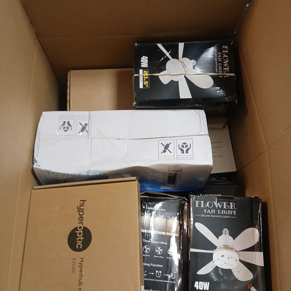 BIOX OF APPROXIMATELY 15 ASSORTED ITEMS INCLUDING A SHOULDER AND NECK MASSAGER, A FLOWER FAN LIGHT AND A TOWER FAN