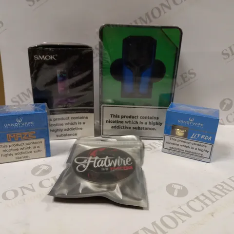 BOX OF APPROX 25 VAPING DEVICES AND ACCESSORIES TO INCLUDE WOTOFO FLUX KIT, SMOK NORD KIT AND VANDY VAPE LIT RDA