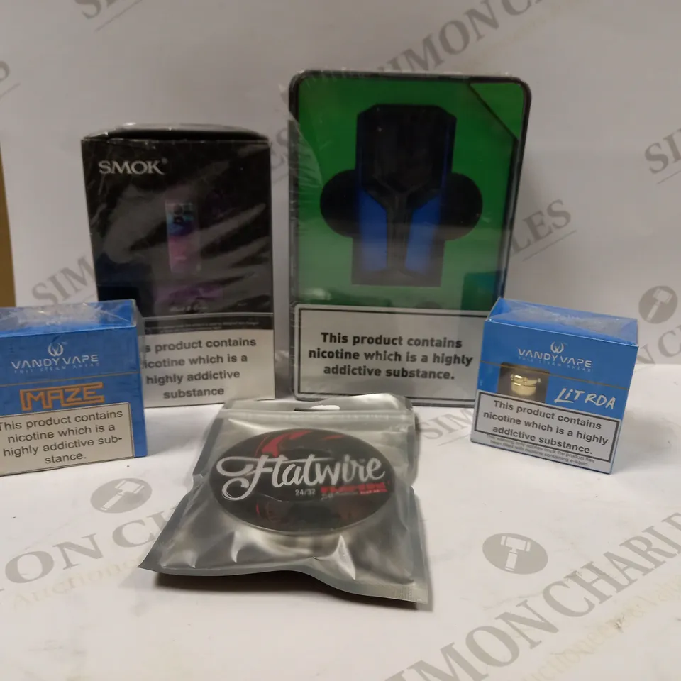 BOX OF APPROX 25 VAPING DEVICES AND ACCESSORIES TO INCLUDE WOTOFO FLUX KIT, SMOK NORD KIT AND VANDY VAPE LIT RDA