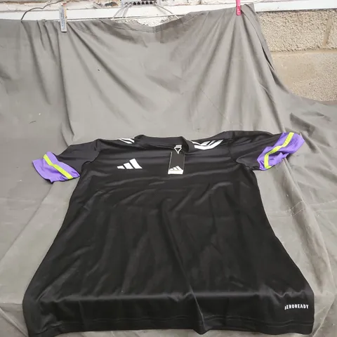 ADIDAS MEN'S BLACK JERSEY SHIRT UK M – PURPLE SLEEVE ACCENTS, AEROREADY
