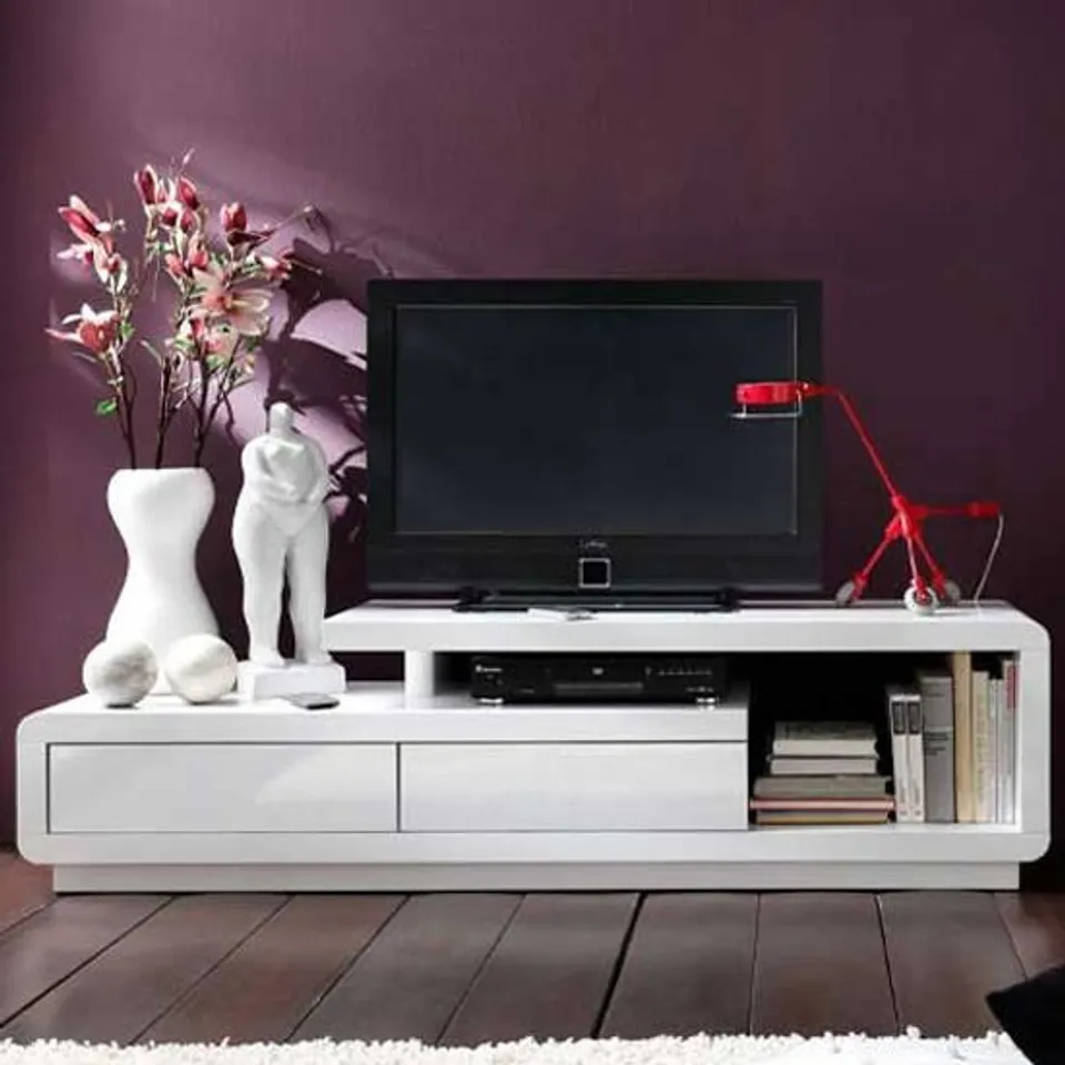 BOXED CELIA WHITE HIGH GLOSS PLASMA TV UNIT WITH TWO DRAWERS WHITE (1 BOX)