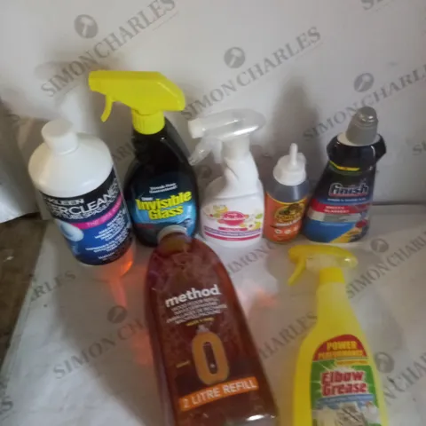 APPROXIMATELY 15 ASSORTED HOUSEHOLD CLEANING & UTILITY PRODUCTS TO CONTAIN FINISH RINSE AND SHINE AID, ELBOW GREASE DE GREASER, METHOD WOOD FLOOR CLEANER ETC