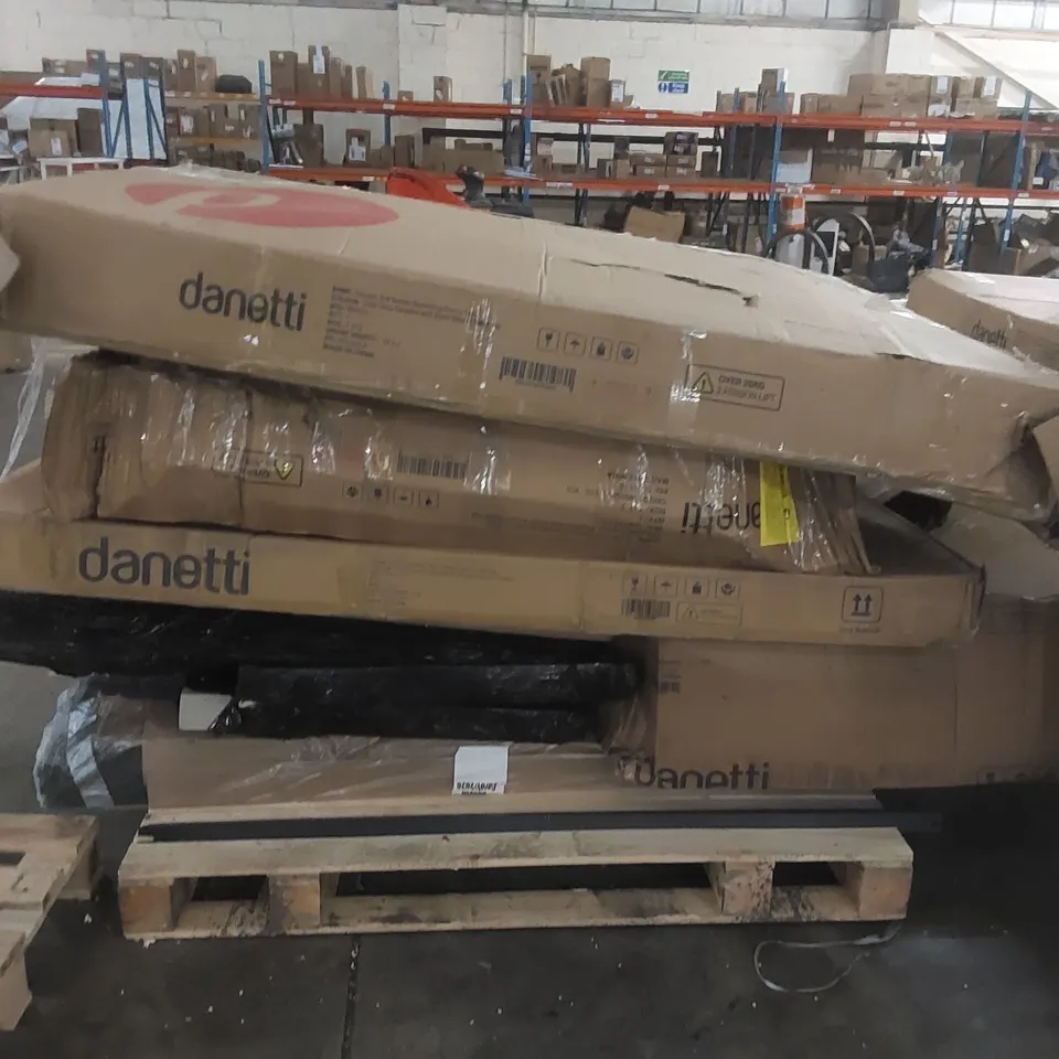 PALLET CONTAINING A LARGE QUANTITY OF ASSORTED DESIGNER DANETTI FURNITURE PARTS INCLUDING: BED PARTS, DINING TABLE PARTS ECT