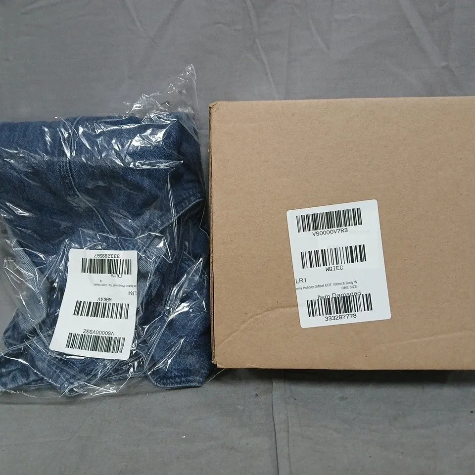 BOX OF APPROXIMATELY 10 ASSORTED HOUSEHOLD ITEMS TO INCLUDE HOLIDAY GIFTSET, WAISTCOAT TOP, ETC - COLLECTION ONLY