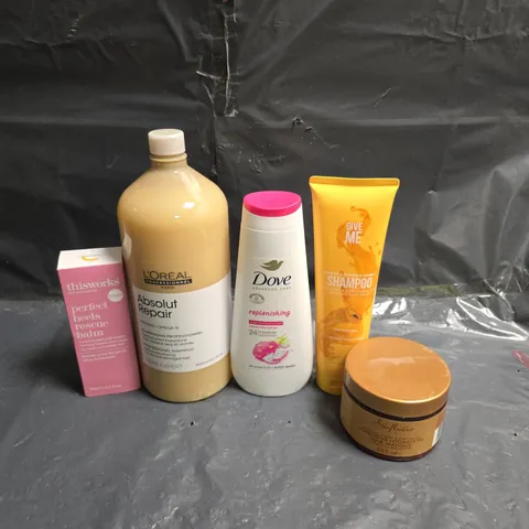 APPROXIMATEY 15 ASSORTED HEALTH AND BEAUTY PRODUCTS TO INCLUDE - DOVE BODY WASH - L'OREAL ABSOLUT REPAIR AND GIVE ME SHAMPOO